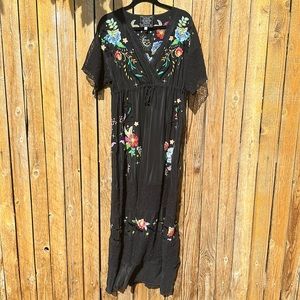 Johnny Was | 100% Silk Maxi Dress | Embroidered Floral & Lace Details | Medium